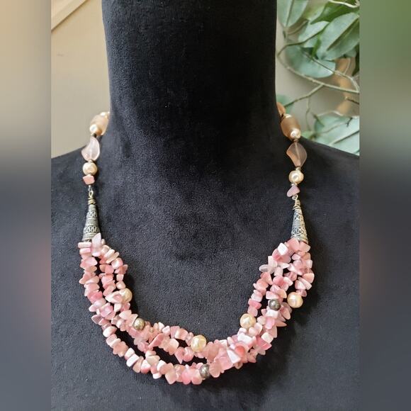 Womens Pink Opal Chips and Bright Brass Kumihimo Three Strand Collar Necklace - Picture 1 of 6